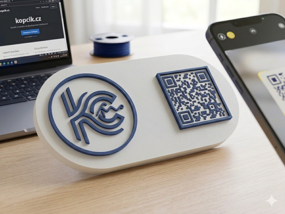 Ukázka 3D standu s QR kódem, který byl vytvořen pomocí AI. Stand je určený pro reklamní účely a obsahuje QR kód, který vede na webovou stránku.