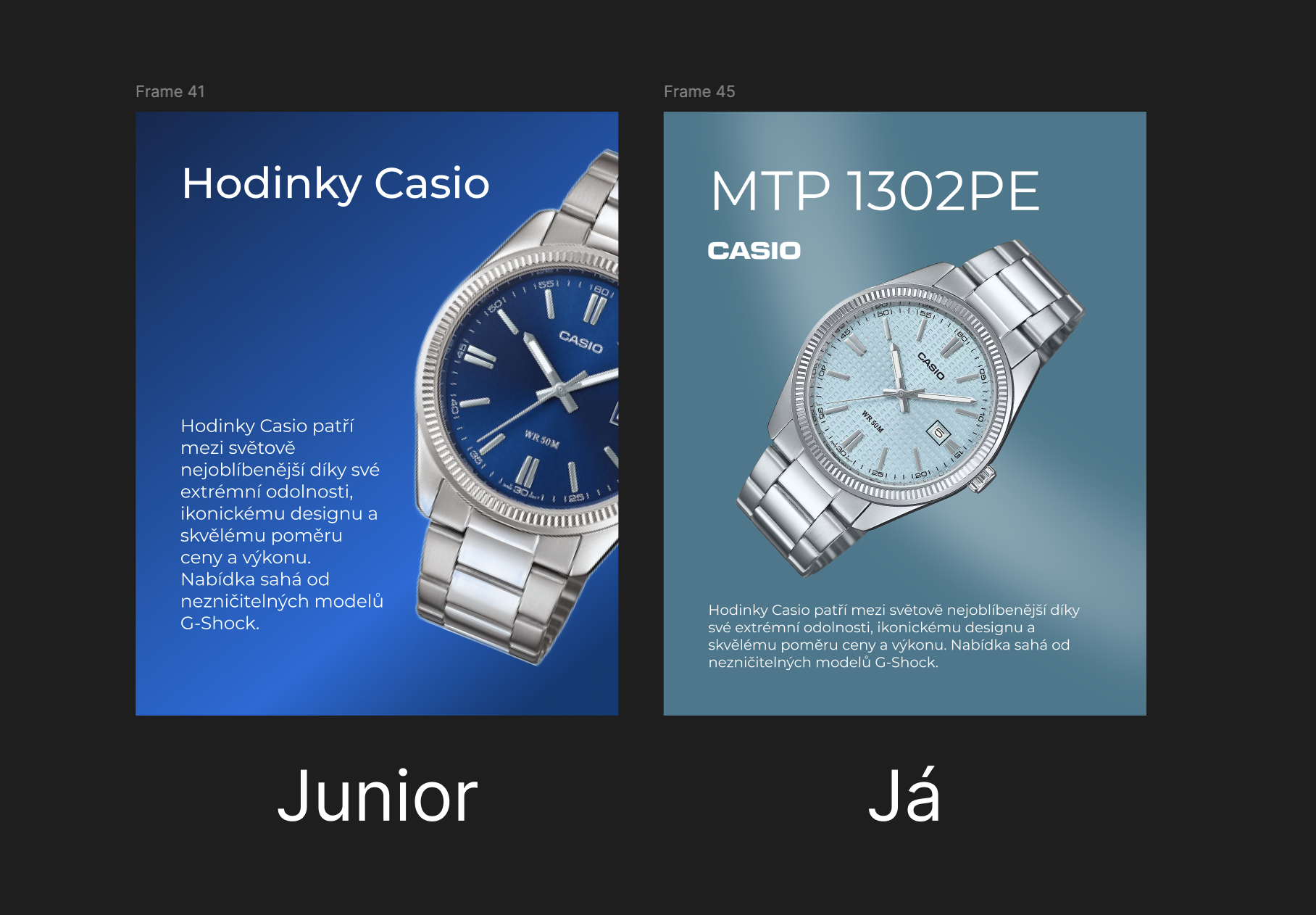 Rozdíl mezi mým designem a designem juniora, kterého učím. Na obrázku jsou hodinky, které jsem navrhl já a hodinky, které navrhl junior